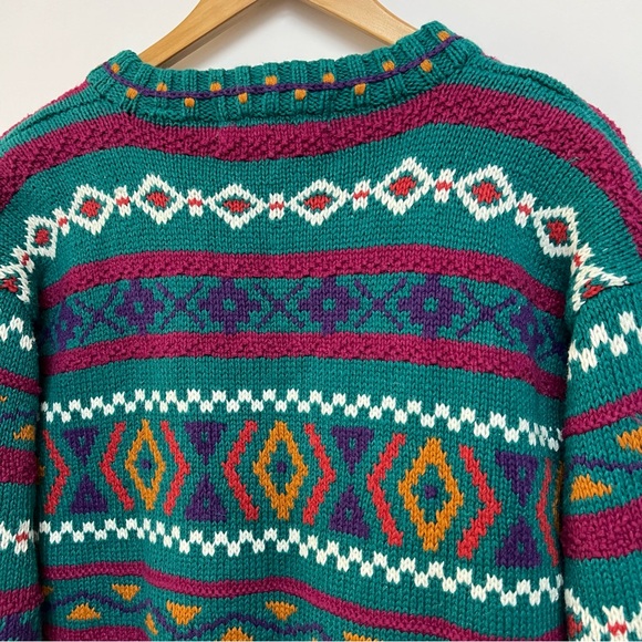 Hand Knit Vintage Roo Crossing Sweater Teal Pink Tribal Print V-Neck Size Small - Picture 6 of 6